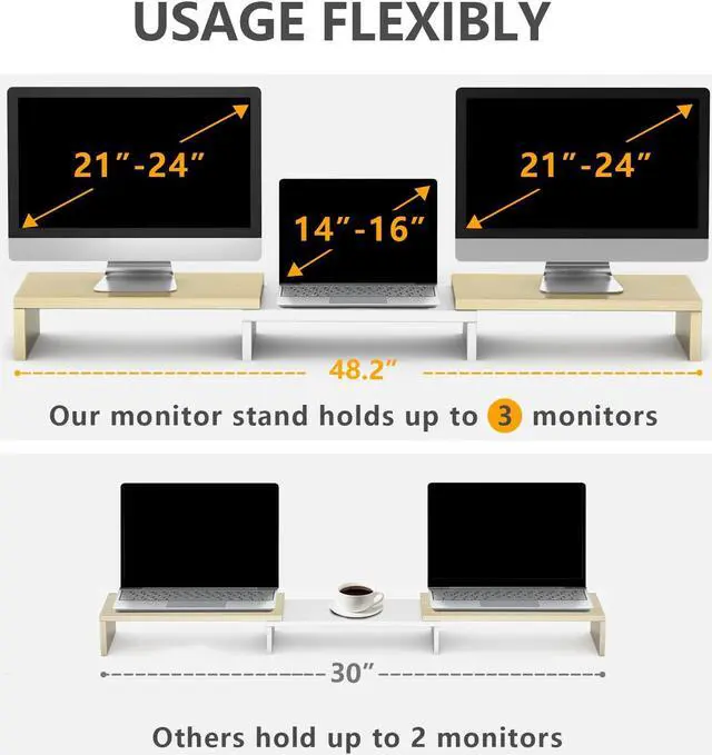 Alt view image 4 of 5 - TAVR Dual Monitor Stand Riser, Computer Monitor Stands for 2 Monitors, Extra Long Multifunctional Desktop Organizer Riser for Computer, Laptop, PC, Printer, TV, Max 48.2" Length, Oak
