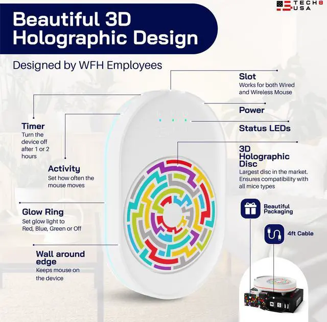 Alt view image 2 of 5 - Tech8 USA Mouse Mover Device, Undetectable Mouse Jiggler for Laptops, PC, No Software, Random Movement, Patented, Designed, Engineered, Packaged in USA - 3D Hologram Glass