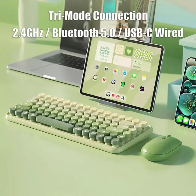 Alt view image 2 of 5 - TISHLED Typewriter Keyboard Wireless 2.4GHz/Bluetooth/USB-C Wired Rechargeable Membrane Gaming Keyboard Linear Mechanical-Feel Switch Compact 85-Key Retro Round Keycaps for Multi-Device, Matcha Green