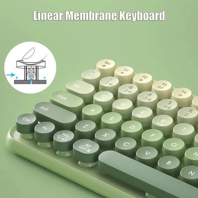 Alt view image 4 of 5 - TISHLED Typewriter Keyboard Wireless 2.4GHz/Bluetooth/USB-C Wired Rechargeable Membrane Gaming Keyboard Linear Mechanical-Feel Switch Compact 85-Key Retro Round Keycaps for Multi-Device, Matcha Green