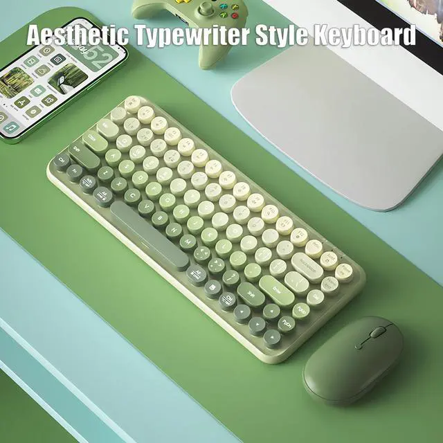 Alt view image 3 of 5 - TISHLED Typewriter Keyboard Wireless 2.4GHz/Bluetooth/USB-C Wired Rechargeable Membrane Gaming Keyboard Linear Mechanical-Feel Switch Compact 85-Key Retro Round Keycaps for Multi-Device, Matcha Green