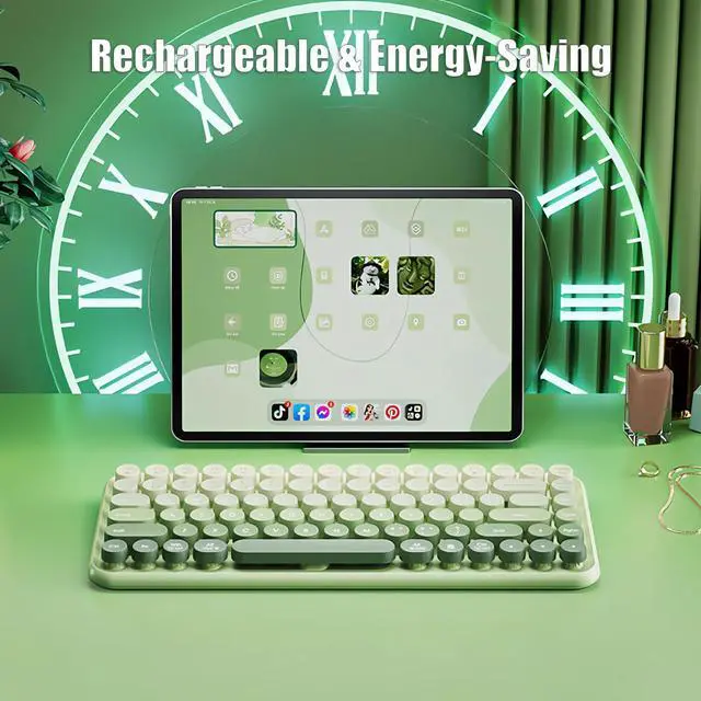 Alt view image 5 of 5 - TISHLED Typewriter Keyboard Wireless 2.4GHz/Bluetooth/USB-C Wired Rechargeable Membrane Gaming Keyboard Linear Mechanical-Feel Switch Compact 85-Key Retro Round Keycaps for Multi-Device, Matcha Green