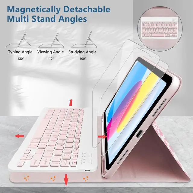 Alt view image 3 of 5 - TopPerfekt for Bluetooth Keyboard iPad 10th Gen 10.9 inch (2022) case (A16) 11th/10th Gen Case 11''(2025) Case with Screen Protector, Pencil Holder with 2 Pack 9H Hardness Tempered Glass - Pink Cow