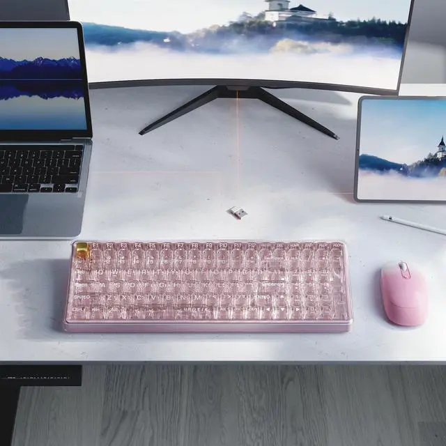 Alt view image 2 of 5 - Wireless Transparent Keyboard and Mouse Combo, UBOTIE Pink 100keys 2.4GHz USB Receiver Keyboard Mouse Set with Adjustable DPI Optical Mouse for PC Laptop