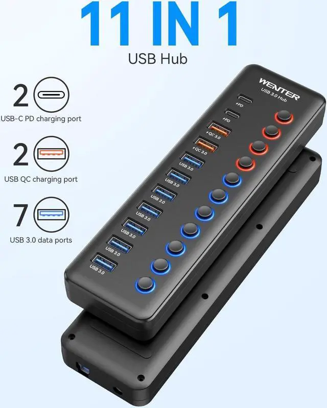 Alt view image 2 of 5 - Powered USB 3.0 Hub, Wenter 48W 11-Port USB Hub Splitter (7 Faster Data Transfer Ports+ 4Pcs QC Charging Ports) with Individual LED On/Off Switches, USB Hub 3.0 Powered with Power Adapter