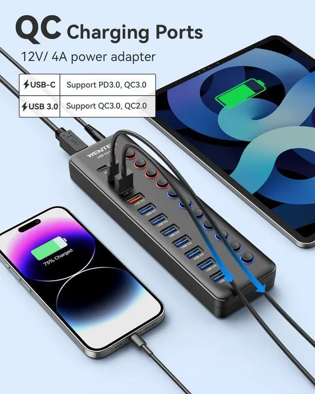 Alt view image 3 of 5 - Powered USB 3.0 Hub, Wenter 48W 11-Port USB Hub Splitter (7 Faster Data Transfer Ports+ 4Pcs QC Charging Ports) with Individual LED On/Off Switches, USB Hub 3.0 Powered with Power Adapter