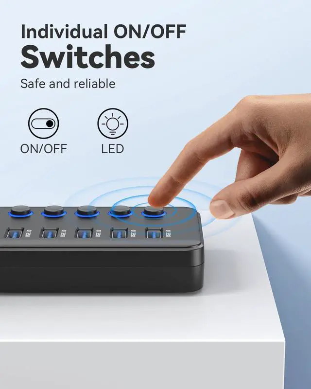 Alt view image 5 of 5 - Powered USB 3.0 Hub, Wenter 48W 11-Port USB Hub Splitter (7 Faster Data Transfer Ports+ 4Pcs QC Charging Ports) with Individual LED On/Off Switches, USB Hub 3.0 Powered with Power Adapter