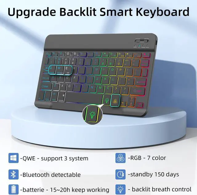 Alt view image 3 of 5 - Keyboard Case for Samsung Galaxy Tab S9 11" 2023/S9 FE 10.9"/S10 FE 10.9" 2025, 5G Galaxy Tab S9 Fe Case Cover with 7 Color Backlit Magnetic Detachable Wireless Bluetooth Keyboard Black