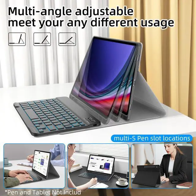 Alt view image 4 of 5 - Keyboard Case for Samsung Galaxy Tab S9 11" 2023/S9 FE 10.9"/S10 FE 10.9" 2025, 5G Galaxy Tab S9 Fe Case Cover with 7 Color Backlit Magnetic Detachable Wireless Bluetooth Keyboard Black