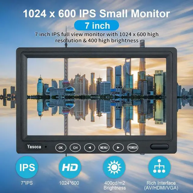 Alt view image 2 of 5 - Yasoca 7 inch Small HDMI Monitor 1024x600 Resolution Small 1080P Portable IPS Monitor with Remote Control with Built-in Speakers HDMI VGA Input for Gaming CCTV Security Raspberry Pi PC