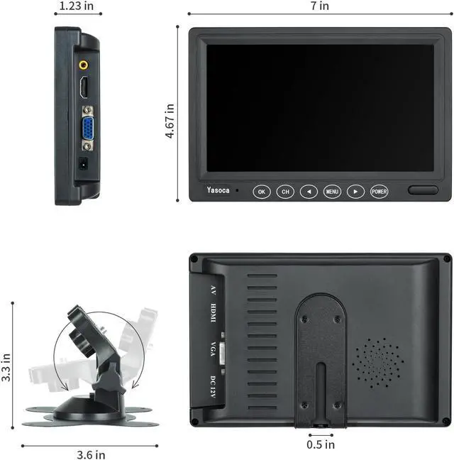 Alt view image 5 of 5 - Yasoca 7 inch Small HDMI Monitor 1024x600 Resolution Small 1080P Portable IPS Monitor with Remote Control with Built-in Speakers HDMI VGA Input for Gaming CCTV Security Raspberry Pi PC