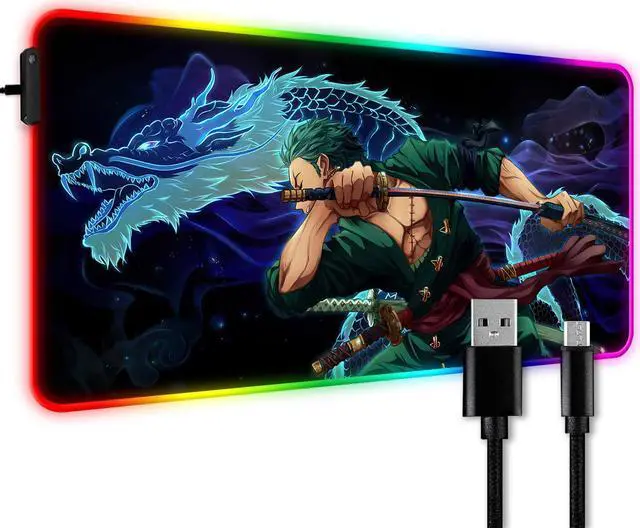 Main image of YBHNTZ RGB Zoro Gaming Mouse Pad, Extended Large Anime Led Mousepad, Non-Slip Rubber Base and Stitched Edges Light Up Computer Laptop Keyboard Big Desk Mat for Office and Work(RGB01)