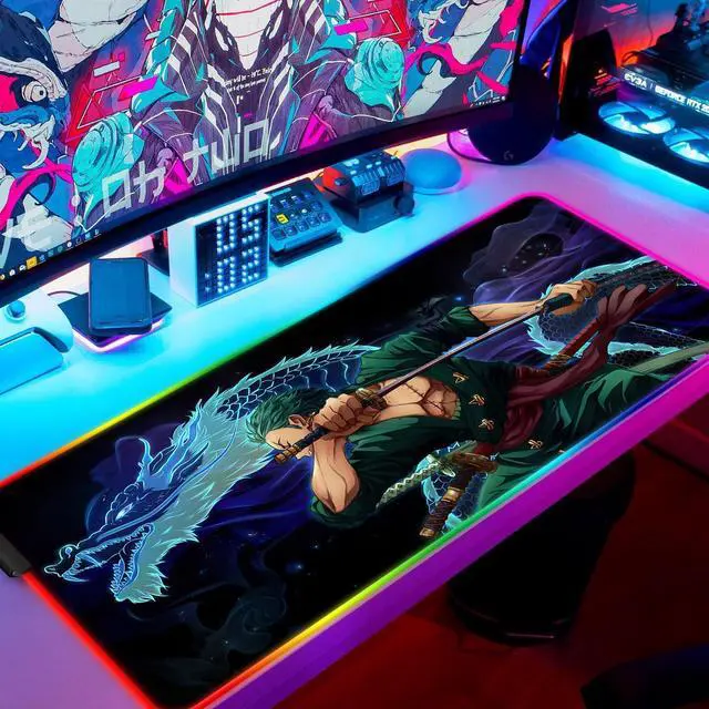 Alt view image 2 of 5 - YBHNTZ RGB Zoro Gaming Mouse Pad, Extended Large Anime Led Mousepad, Non-Slip Rubber Base and Stitched Edges Light Up Computer Laptop Keyboard Big Desk Mat for Office and Work(RGB01)