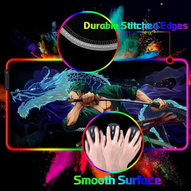 Alt view image 3 of 5 - YBHNTZ RGB Zoro Gaming Mouse Pad, Extended Large Anime Led Mousepad, Non-Slip Rubber Base and Stitched Edges Light Up Computer Laptop Keyboard Big Desk Mat for Office and Work(RGB01)