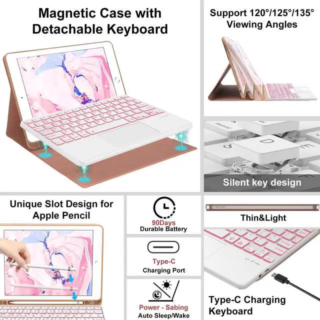 Alt view image 2 of 5 - iPad 9th Generation Case with Keyboard 10.2", Detachable Wireless Keyboard with Smart Touchpad, 7 Color Backlit, Slim Folio Cover with Pencil Holder for iPad 8th/7th Gen/iPad Air 3rd Gen, Rose Gold
