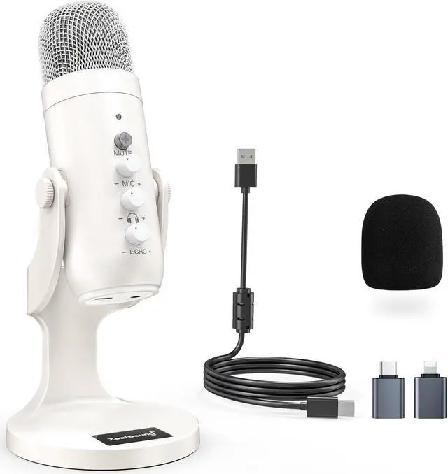 Main image of ZealSound USB Microphone,Quick Mute Noise Cancel for Phone Computer PC PS5,Gaming Microphone with Gain Control,Echo Monitor Volume Adjust for Streaming Vocal Recording ASMR Podcast Video K66 White