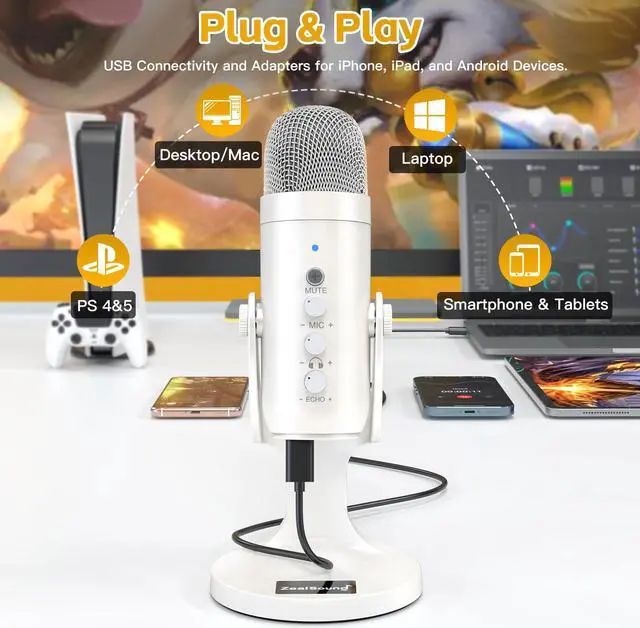 Alt view image 2 of 5 - ZealSound USB Microphone,Quick Mute Noise Cancel for Phone Computer PC PS5,Gaming Microphone with Gain Control,Echo Monitor Volume Adjust for Streaming Vocal Recording ASMR Podcast Video K66 White