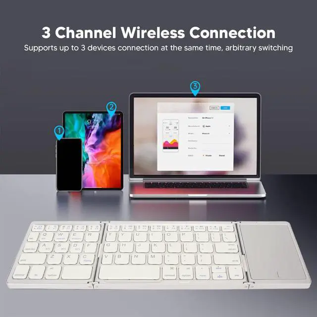 Alt view image 3 of 5 - Zunate Foldable Bluetooth Keyboard with Touchpad, Rechargeable Full Size Slim Pocket Folding Keyboard, USB C Portable Keyboard for Android, Windows, PC, Tablet (Silvery