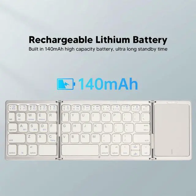 Alt view image 4 of 5 - Zunate Foldable Bluetooth Keyboard with Touchpad, Rechargeable Full Size Slim Pocket Folding Keyboard, USB C Portable Keyboard for Android, Windows, PC, Tablet (Silvery