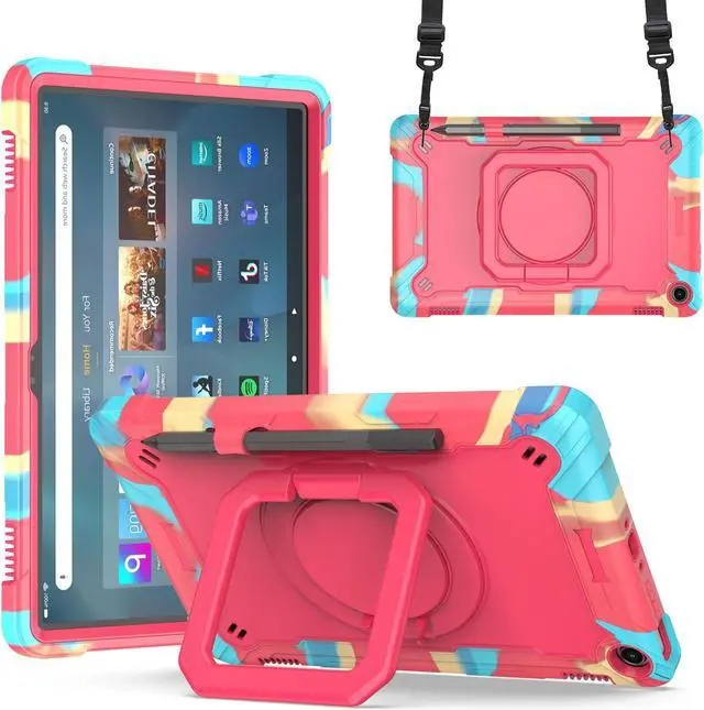 Main image of zukof Case for  Fire Max 11 inch Tablet (13th Generation, 2023 Release) Hybrid Shockproof 360 Rotating Multi-Functional Ring Stand Case with Shoulder Straps (Rainbow/Pink)