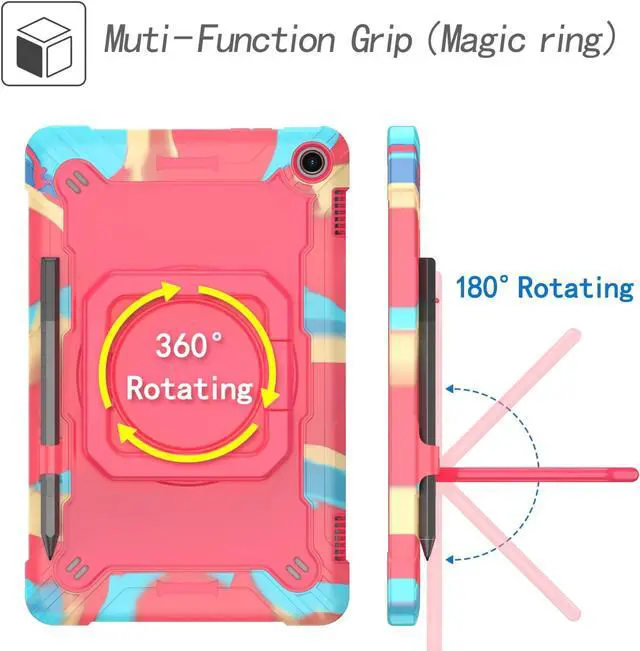 Alt view image 4 of 5 - zukof Case for  Fire Max 11 inch Tablet (13th Generation, 2023 Release) Hybrid Shockproof 360 Rotating Multi-Functional Ring Stand Case with Shoulder Straps (Rainbow/Pink)