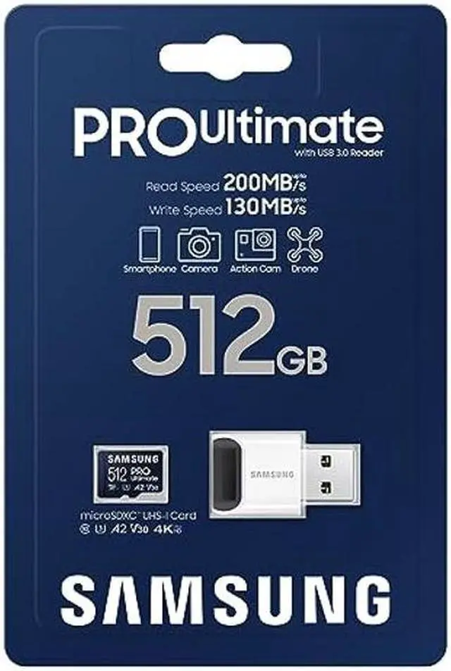 Alt view image 3 of 5 - Samsung PRO Ultimate microSD Memory Card+Reader, 512GB microSDXC, Up to 200 MB/s, 4K UHD, UHS-I, Class 10, U3,V30, A2 for GoPRO Action Cam, DJI Drone, Gaming, Phones, Tablets, MB-MY512SB/AM