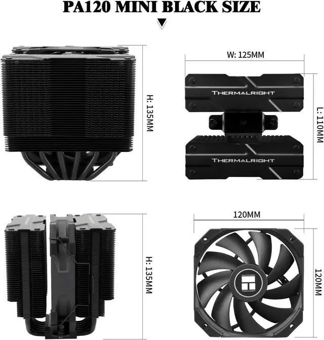 Alt view image 5 of 5 - Thermalright Peerless Assassin 120 Mini Black CPU Air Cooler, 6 Heat Pipes,120mm TL-D12B PWM Fan, 135mm High, Double Tower Coolers, for AMD AM4/ AM5/Intel LGA 1851/1700/1150/1151/1200/2011