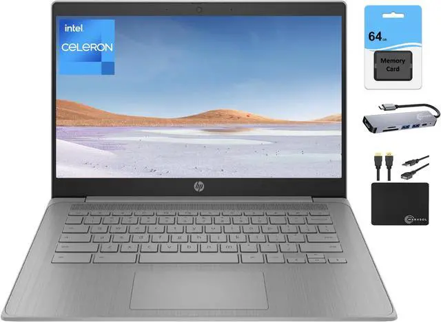 Main image of HP Chromebook 2024 Newest Laptop Student Business, 14" HD Display, Intel Celeron N4120 Processor, 4GB RAM, 128GB Storage (64GB eMMC+64GB Card), Webcam, WiFi, Long Battery, Chrome OS+MarxsolAccessory