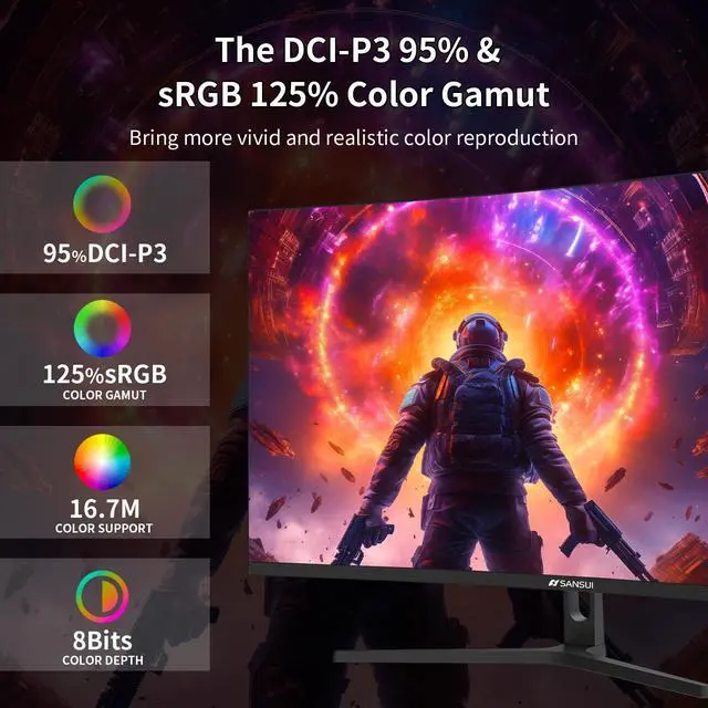 Alt view image 3 of 5 - SANSUI 32-Inch Curved Gaming Monitor WQHD 2560 x 1440 180Hz Curved 1500R -1ms(OD), HDR, 300nits, sRGB 125%, DCI-P3 95%, FreeSync, HDMI x2, DP1.2x2(ES-G32C3 DP Cable Included)