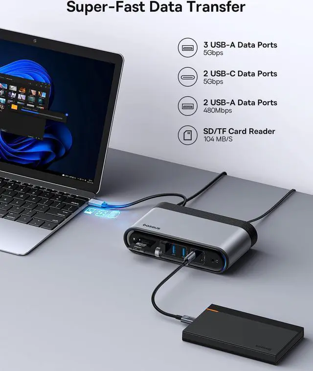 Alt view image 4 of 5 - Baseus 17-in-1 Docking Station, Laptop Docking Station 3 Monitors with 3 * 4K HDMI, USB C Docking Station with 7 USB, 1000Mbps Ethernet, 100W PD, Card Readers Compatible with Acer/HP/Lenovo/Mac/Dell