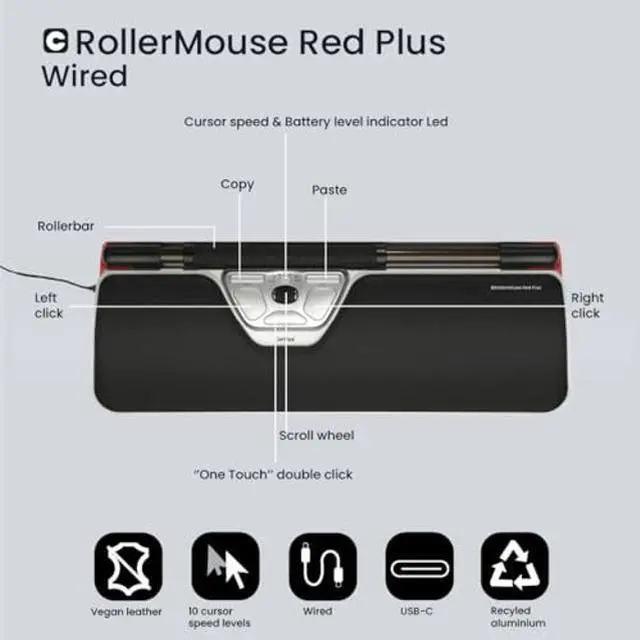 Alt view image 4 of 5 - Contour Design RollerMouse Red PLUS Wired Eco Optical Computer Mouse - Ergonomic Design for Optimal Efficiency - PC or Mac Compatible Ergonomic Mouse - 10-Speed Adjustable Ambidextrous Plug in Mouse