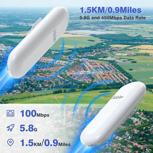 Alt view image 3 of 5 - Adalov Wireless Bridge with 2 Bracket Mounts, 1.5KM 5.8G Point to Point Outdoor CPE, CPE467 Long Range WiFi Bridges for PtP/PtMP with 8DBi High Gain Antenna, PoE Adapter, RJ45 Ethernet Port, 2 Pack