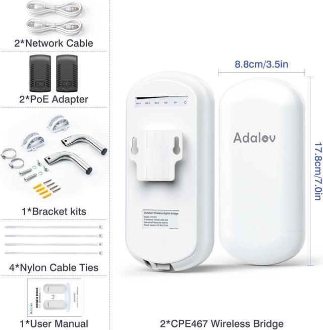 Alt view image 5 of 5 - Adalov Wireless Bridge with 2 Bracket Mounts, 1.5KM 5.8G Point to Point Outdoor CPE, CPE467 Long Range WiFi Bridges for PtP/PtMP with 8DBi High Gain Antenna, PoE Adapter, RJ45 Ethernet Port, 2 Pack