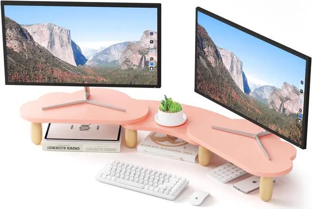 Main image of AFOOYO Dual Monitor Stand Riser,Rainbow Cloud Desktop Computer Stand for 2 Monitors,Adjustable Length and Angle Multifunctional Desktop Organizer Stand for Laptop, PC, Computer, Printer,Pink