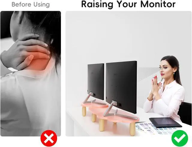 Alt view image 4 of 5 - AFOOYO Dual Monitor Stand Riser,Rainbow Cloud Desktop Computer Stand for 2 Monitors,Adjustable Length and Angle Multifunctional Desktop Organizer Stand for Laptop, PC, Computer, Printer,Pink