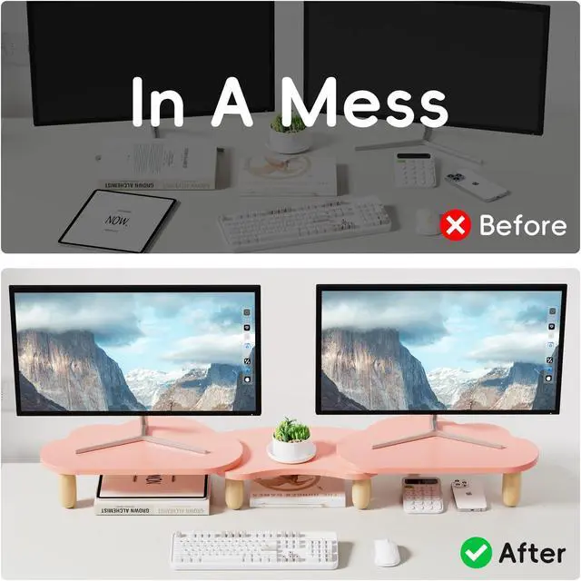 Alt view image 3 of 5 - AFOOYO Dual Monitor Stand Riser,Rainbow Cloud Desktop Computer Stand for 2 Monitors,Adjustable Length and Angle Multifunctional Desktop Organizer Stand for Laptop, PC, Computer, Printer,Pink