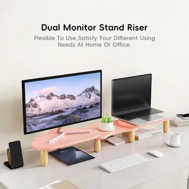 Alt view image 2 of 5 - AFOOYO Dual Monitor Stand Riser,Rainbow Cloud Desktop Computer Stand for 2 Monitors,Adjustable Length and Angle Multifunctional Desktop Organizer Stand for Laptop, PC, Computer, Printer,Pink