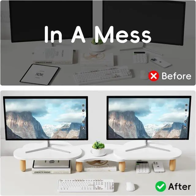 Alt view image 3 of 5 - AFOOYO Dual Monitor Stand Riser,Rainbow Cloud Desktop Computer Stand for 2 Monitors,Adjustable Length and Angle Multifunctional Desktop Organizer Stand for Laptop, PC, Computer, Printer,White