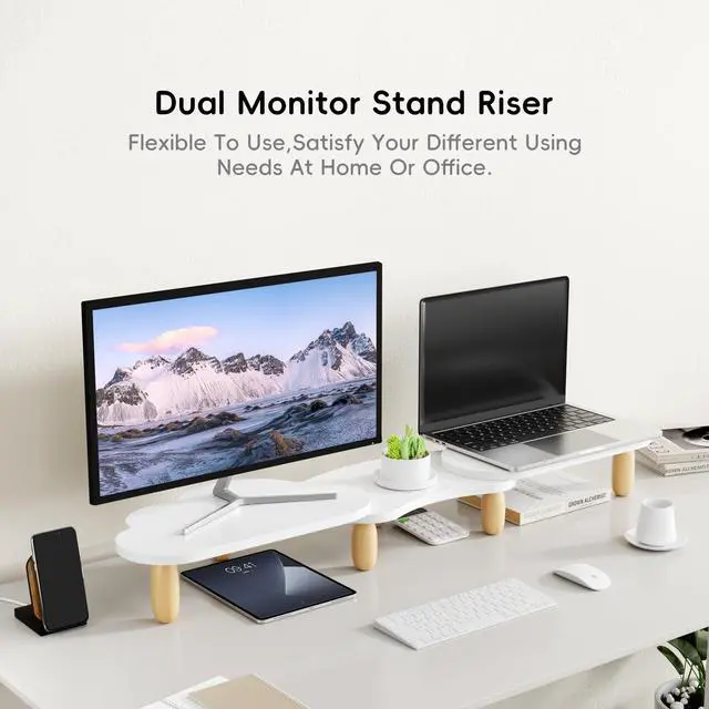Alt view image 2 of 5 - AFOOYO Dual Monitor Stand Riser,Rainbow Cloud Desktop Computer Stand for 2 Monitors,Adjustable Length and Angle Multifunctional Desktop Organizer Stand for Laptop, PC, Computer, Printer,White