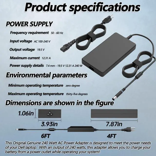 Alt view image 3 of 5 - Original 240W Gaming Laptop Charger for Alienware 15 17 M15 M16 M17 M18X X51 R2 R3 R4 R5 R7 G3 G5 G7 15 5530 5535 5520 Precision M6800 M6700 M6400 J211H AC Adapter Power Supply Cord (240W 7.4)