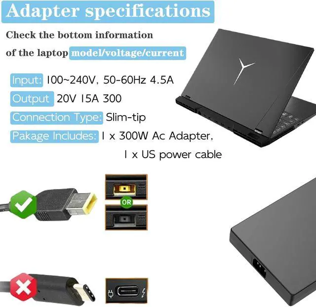 Alt view image 3 of 5 - 300W Legion Charger fit for Lenovo Legion R9000P R9000K Y9000K Y9000X Legion 5 5i Pro 7 C7 S7 Y540 Y545 ADL300SDC3A 20V 15A Gaming Laptop Power Adapter (300W)