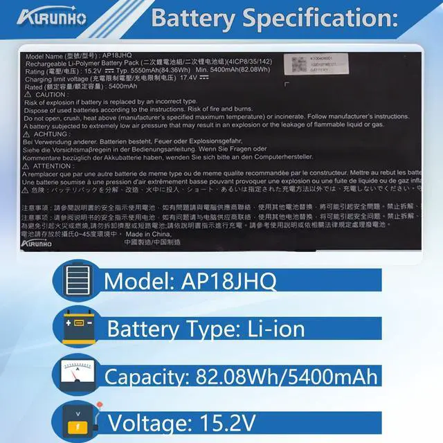 Alt view image 2 of 5 - AURUNHO AP18JHQ Laptop Battery Replacement for ConceptD 7 CN715-71 Predator Triton 500 PT515 PT515-51 PT515-52 KT.00408.001 4ICP8/35/142 15.2V 84.36Wh