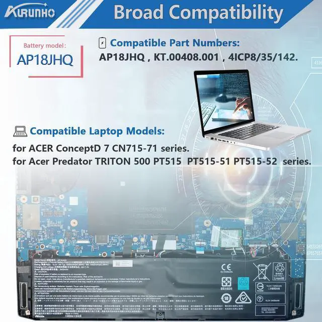 Alt view image 5 of 5 - AURUNHO AP18JHQ Laptop Battery Replacement for ConceptD 7 CN715-71 Predator Triton 500 PT515 PT515-51 PT515-52 KT.00408.001 4ICP8/35/142 15.2V 84.36Wh