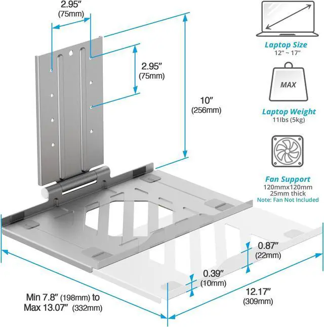 Alt view image 2 of 5 - AVLT Adjustable Laptop Tray with Support for 120mm Fan Compatible with VESA 75x75 Monitor Arm - Fits Up to 17 Inch Laptop - Gray (Fan Not Included)