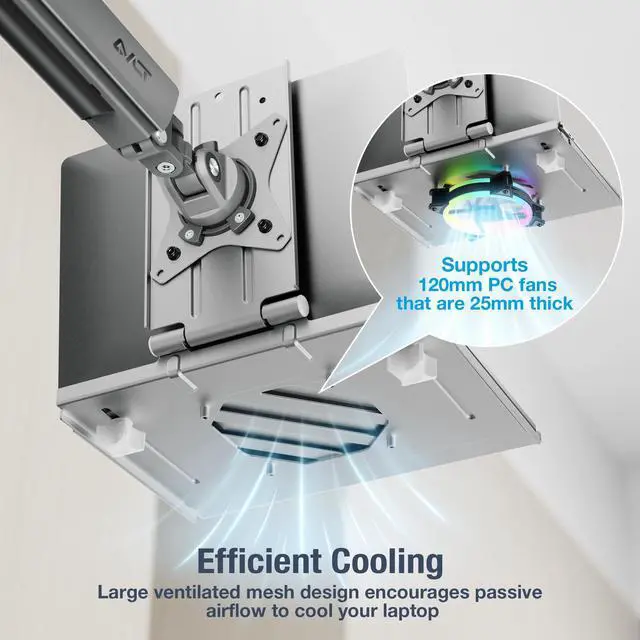 Alt view image 4 of 5 - AVLT Adjustable Laptop Tray with Support for 120mm Fan Compatible with VESA 75x75 Monitor Arm - Fits Up to 17 Inch Laptop - Gray (Fan Not Included)