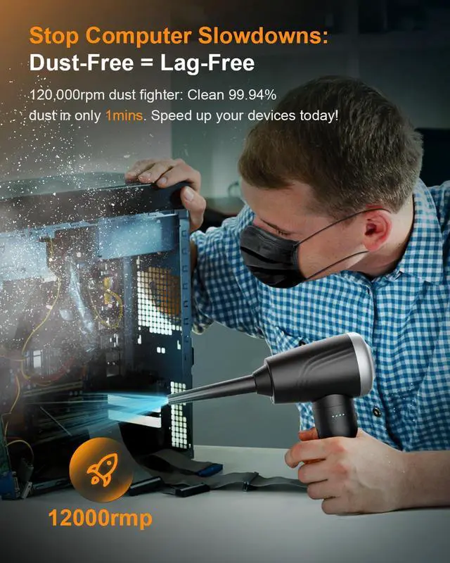Alt view image 2 of 5 - Compressed Air Duster, BANKKY 11-in-1 Cordless Keyboard Cleaner for Office, 120000RPM Electric Air Duster for Computer, Conditioner, etc (Black+Silver)