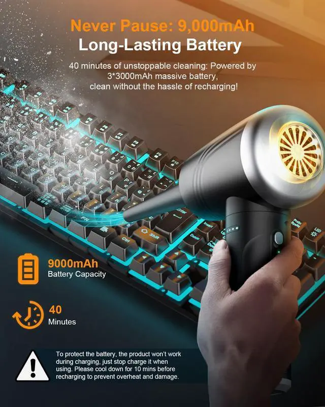 Alt view image 3 of 5 - Compressed Air Duster, BANKKY 11-in-1 Cordless Keyboard Cleaner for Office, 120000RPM Electric Air Duster for Computer, Conditioner, etc (Black+Silver)