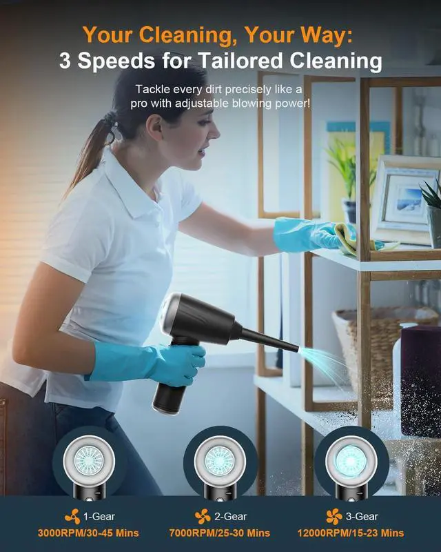 Alt view image 4 of 5 - Compressed Air Duster, BANKKY 11-in-1 Cordless Keyboard Cleaner for Office, 120000RPM Electric Air Duster for Computer, Conditioner, etc (Black+Silver)