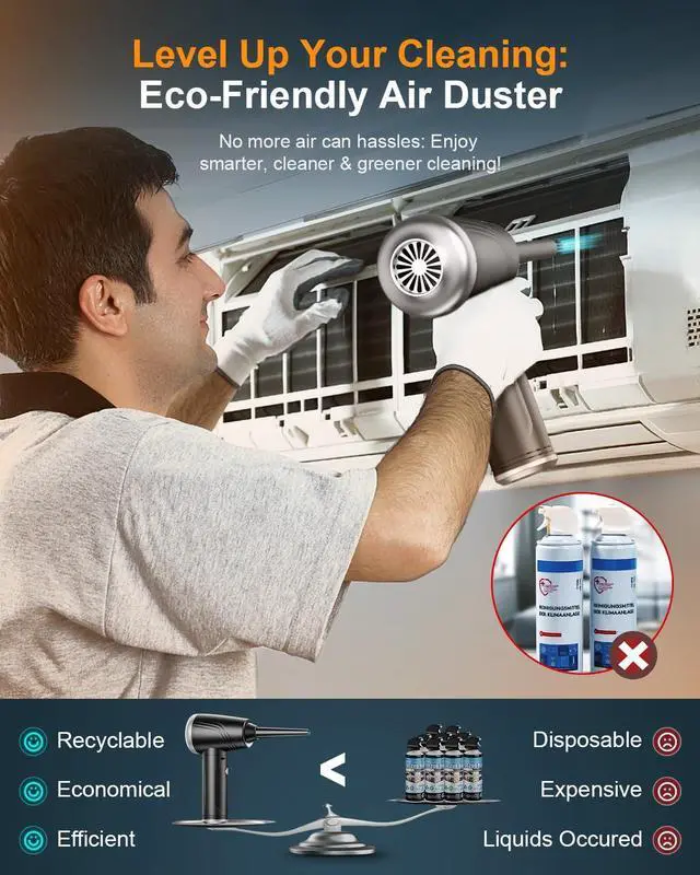 Alt view image 5 of 5 - Compressed Air Duster, BANKKY 11-in-1 Cordless Keyboard Cleaner for Office, 120000RPM Electric Air Duster for Computer, Conditioner, etc (Black+Silver)