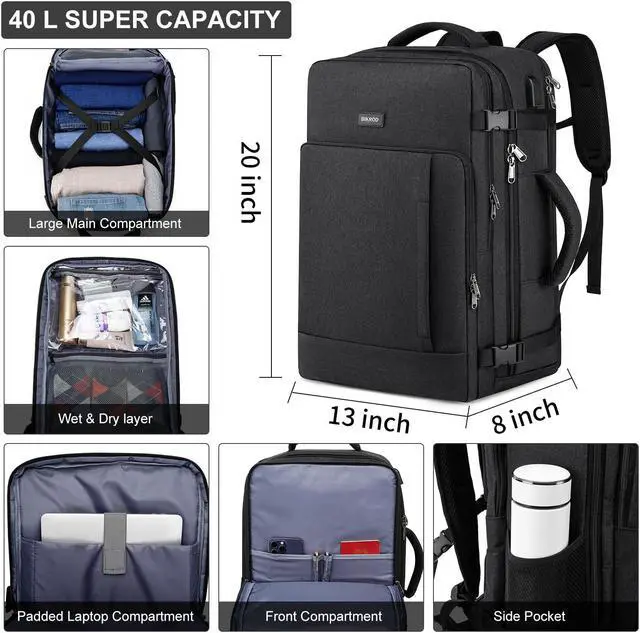Alt view image 3 of 5 - BIKROD Travel Backpack for Women, 45L Extra Large Flight Approved Carry on Backpack, Sturdy Business Men Backpack, 18.4 Laptop Backpack with USB Charger Port & Luggage Sleeve